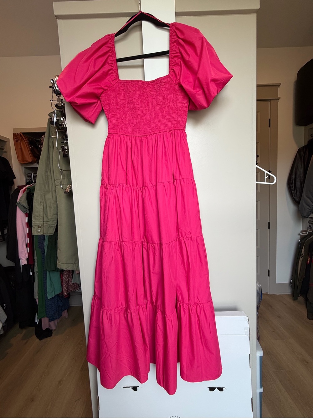entro Hot Pink Puff-Sleeve Tiered Maxi Dress